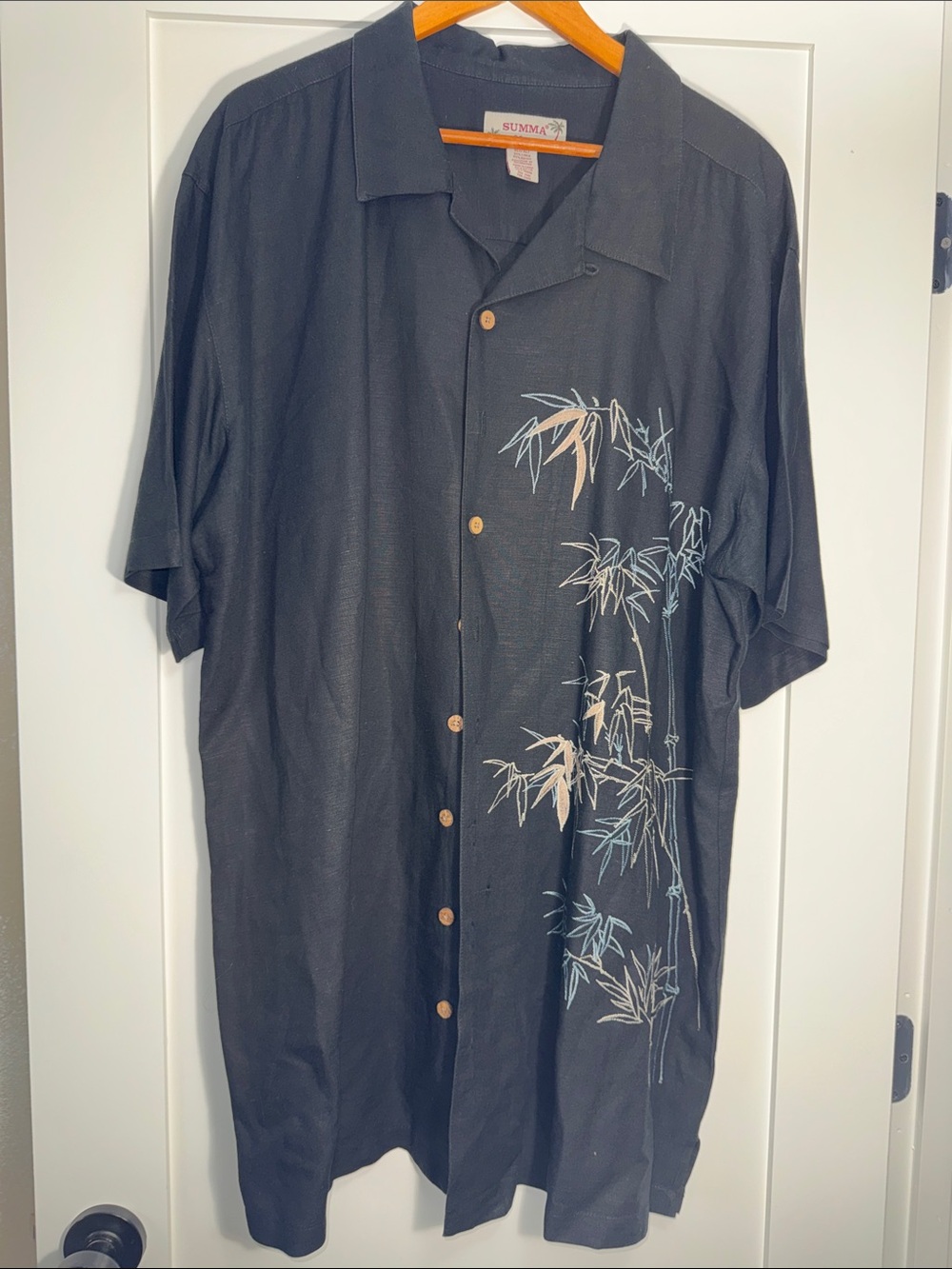 Summa Black Bamboo-Print linen blended Short-Sleeve Men's Shirt Sz XLT